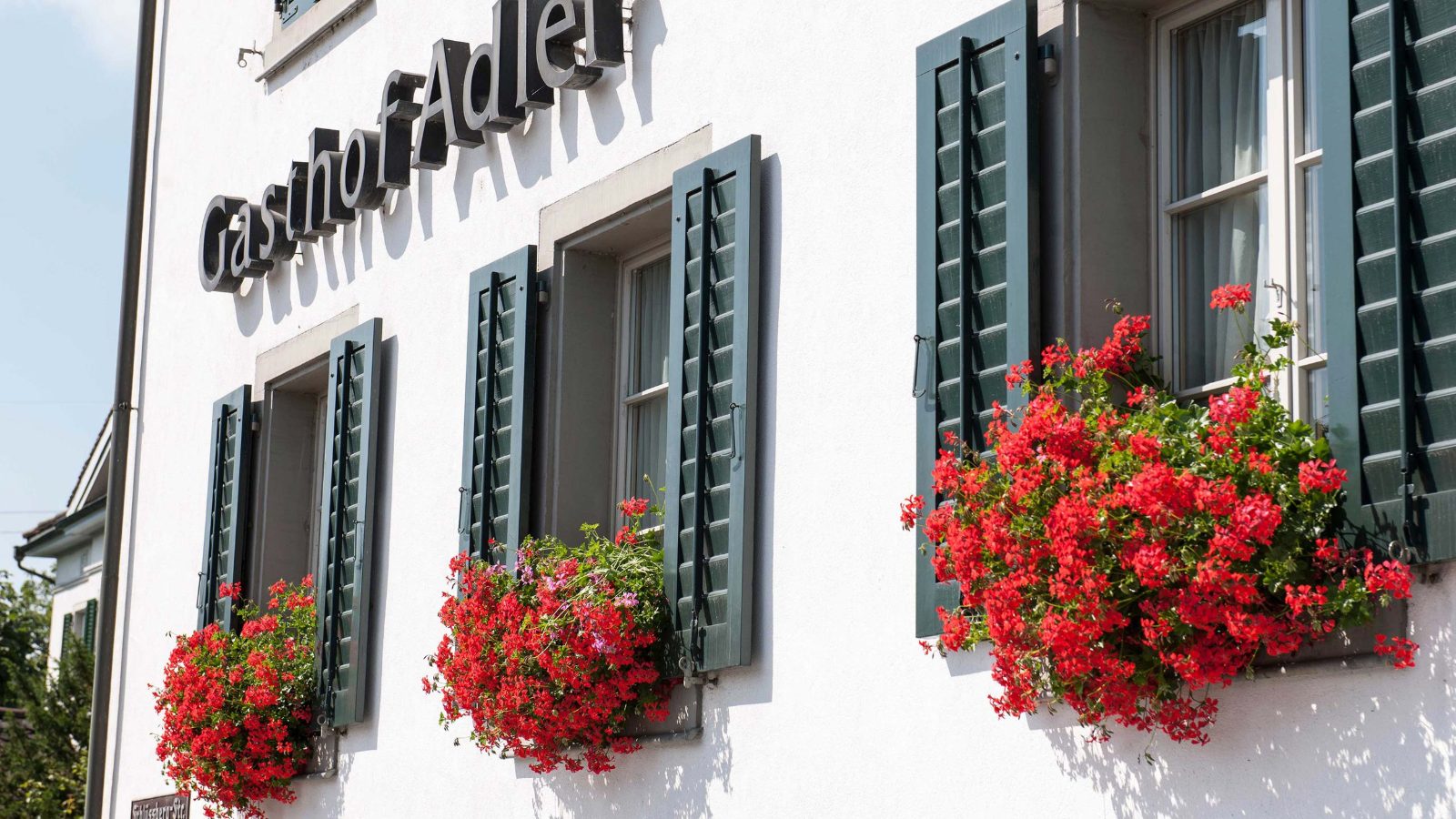 Fassade des Landgasthofs Adler in Grüningen mit grünen Fensterläden und roten Geranien